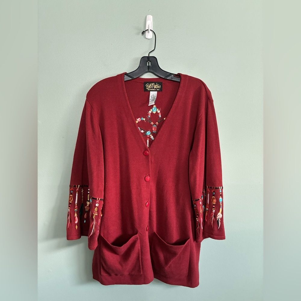 BOB MACKIE Southwestern Arrows Dream Catcher Cardigan Sweater Sz L Rust